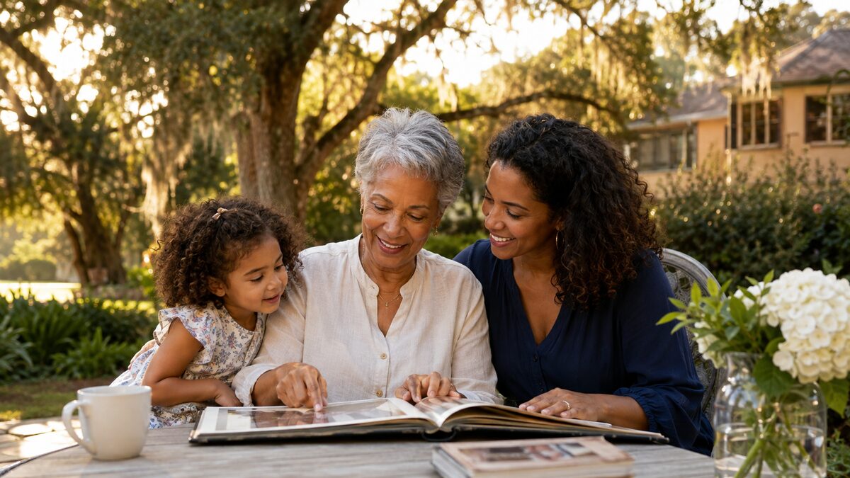 Three generations of a family sharing memories